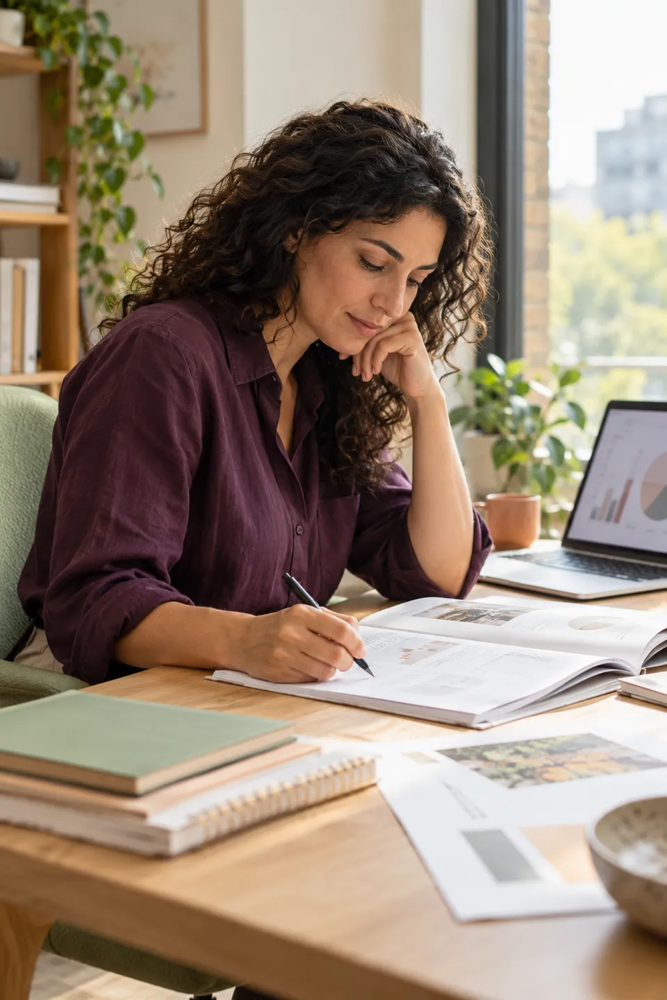 A practitioner annotates a paper portfolio beside a window
