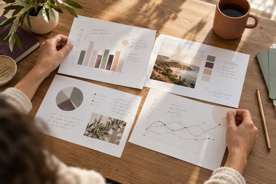 Hands organise four sheets of portfolio evidence