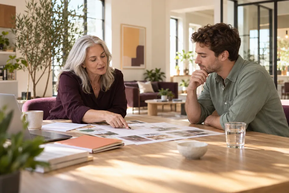 Two colleagues discuss the evidence in a portfolio