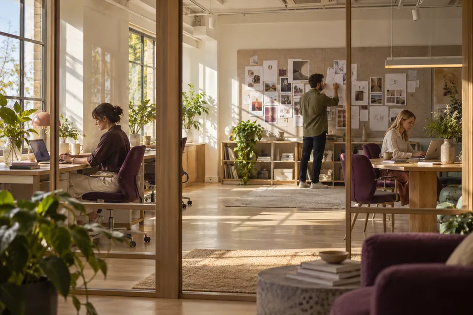A light-filled studio with people working at separate desks