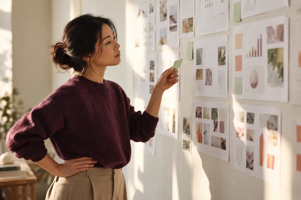 A practitioner questions the evidence on a wall of notes