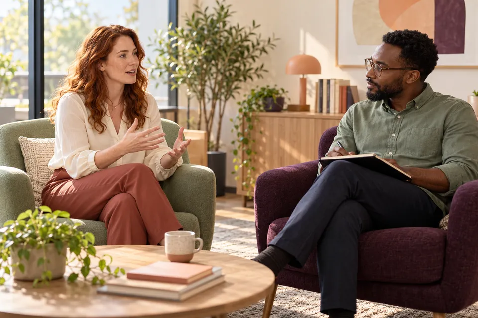 Two colleagues rehearse an interview in a calm meeting corner