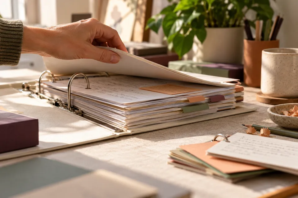 A carefully annotated paper binder opens on a desk