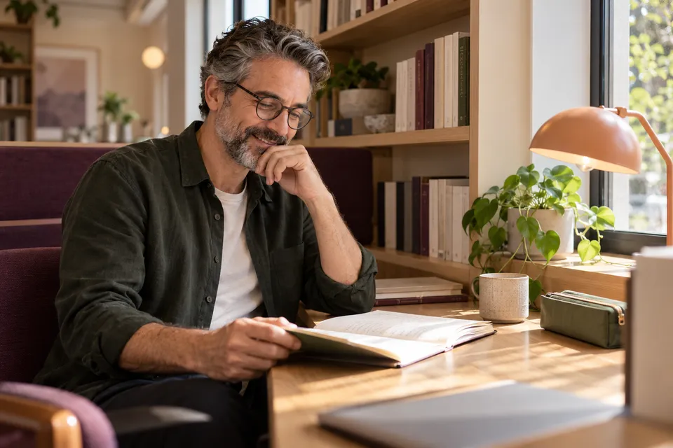 A thoughtful practitioner reviews notes in a quiet booth