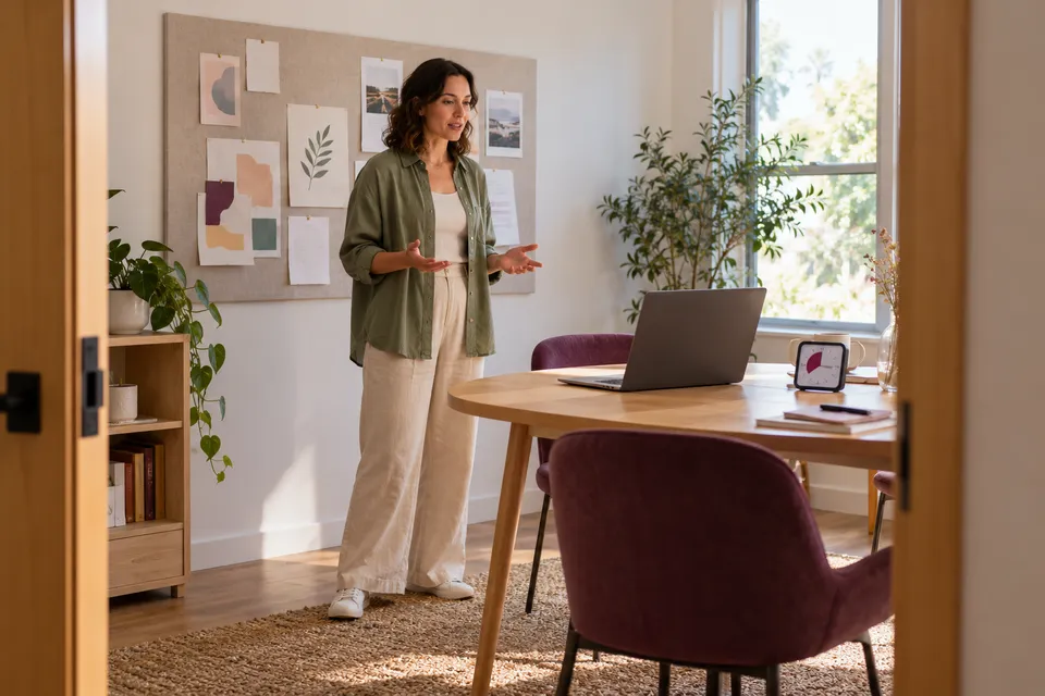 A woman rehearses an explanation privately in an empty meeting room