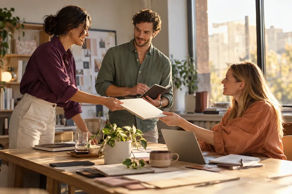 Colleagues pass a portfolio across a table during a handover